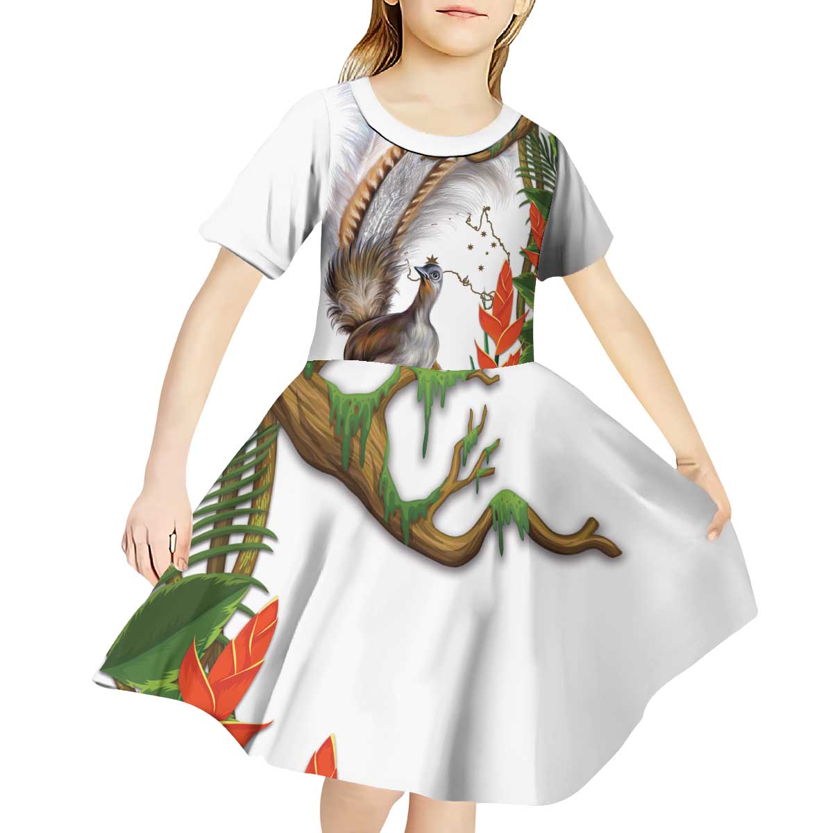 Australia Superb Lyrebird Kid Short Sleeve Dress Aussie Map - Rainforest Vibes