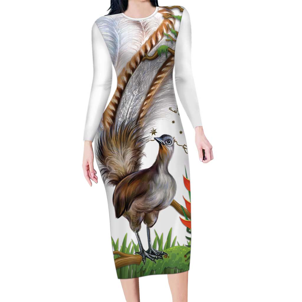 Australia Superb Lyrebird Long Sleeve Bodycon Dress Aussie Map - Rainforest Vibes