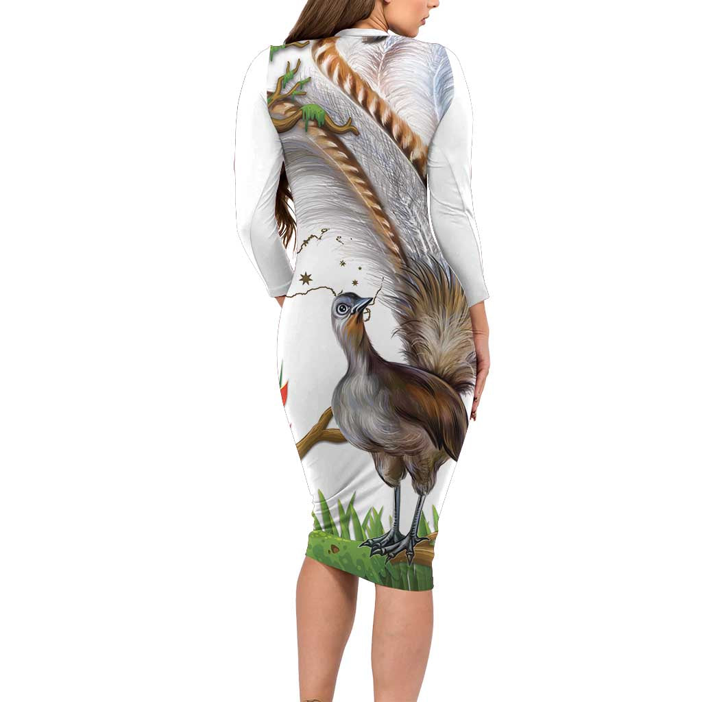 Australia Superb Lyrebird Long Sleeve Bodycon Dress Aussie Map - Rainforest Vibes