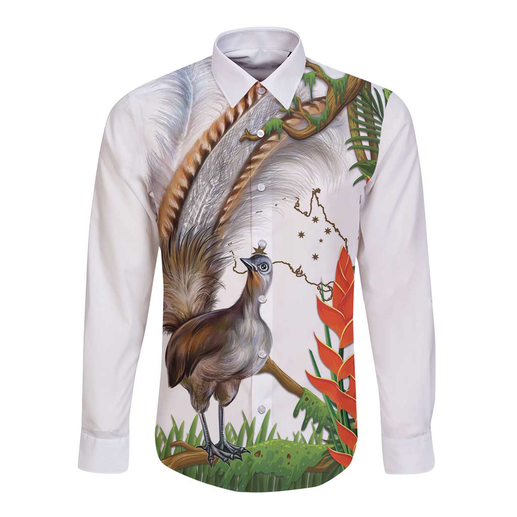Australia Superb Lyrebird Long Sleeve Button Shirt Aussie Map - Rainforest Vibes