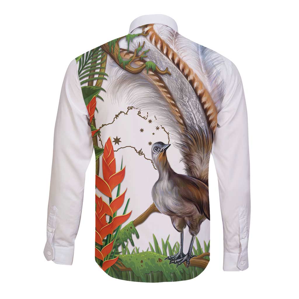 Australia Superb Lyrebird Long Sleeve Button Shirt Aussie Map - Rainforest Vibes