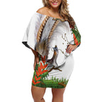 Australia Superb Lyrebird Off Shoulder Short Dress Aussie Map - Rainforest Vibes