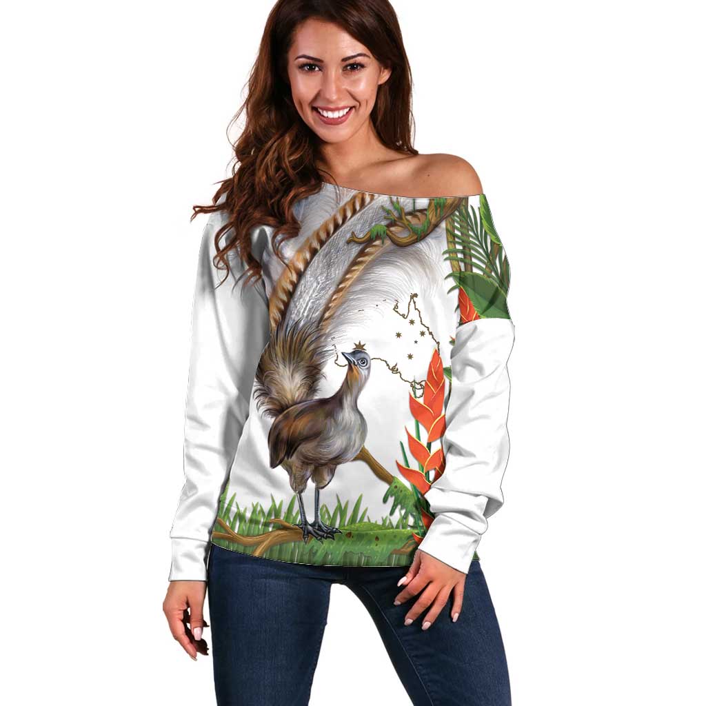 Australia Superb Lyrebird Off Shoulder Sweater Aussie Map - Rainforest Vibes