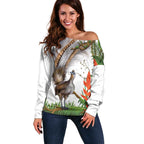 Australia Superb Lyrebird Off Shoulder Sweater Aussie Map - Rainforest Vibes