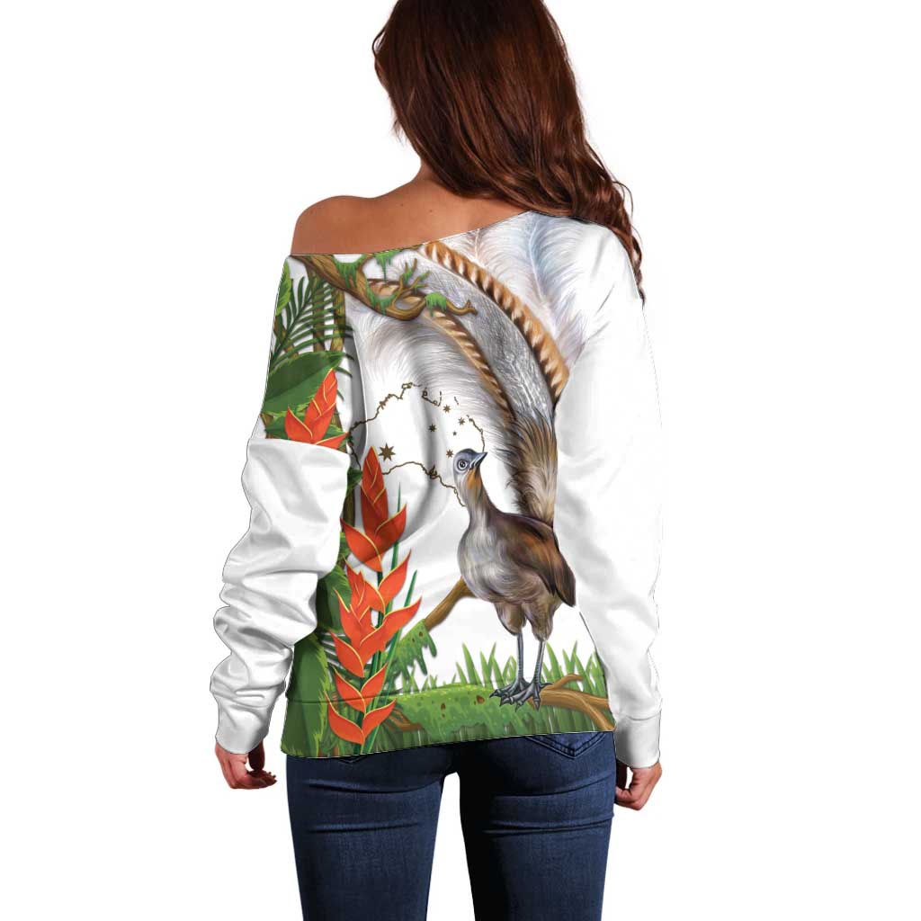 Australia Superb Lyrebird Off Shoulder Sweater Aussie Map - Rainforest Vibes