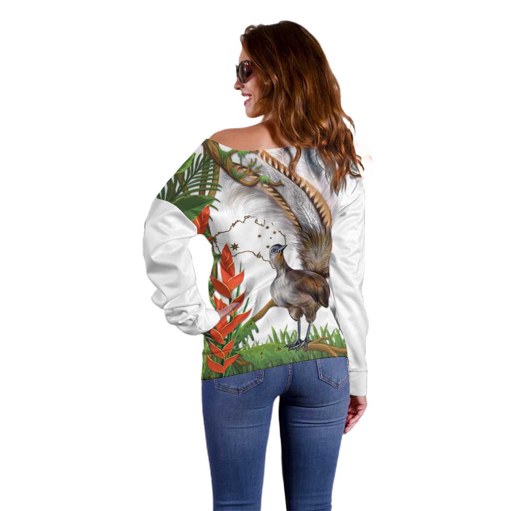 Australia Superb Lyrebird Off Shoulder Sweater Aussie Map - Rainforest Vibes