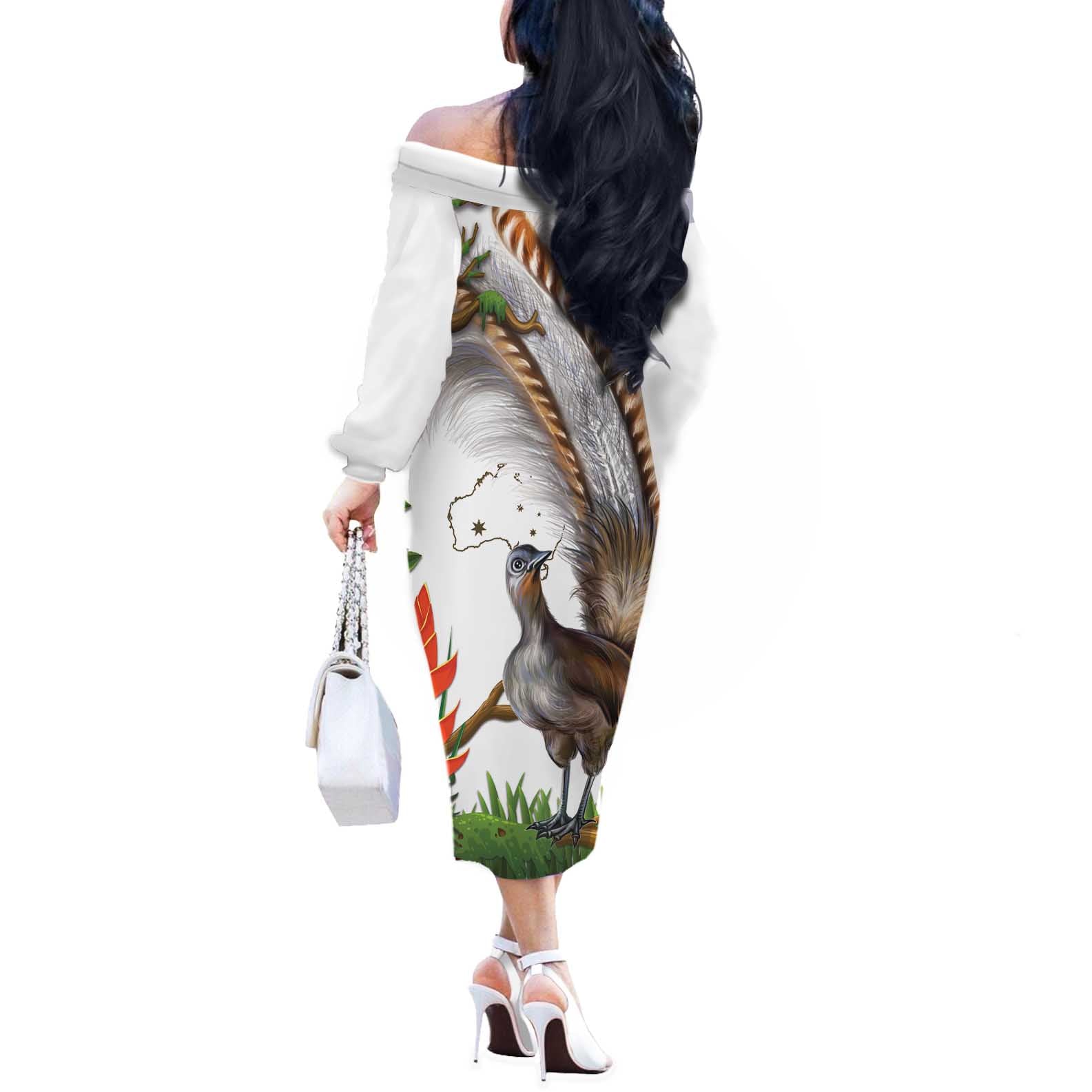Australia Superb Lyrebird Off The Shoulder Long Sleeve Dress Aussie Map - Rainforest Vibes