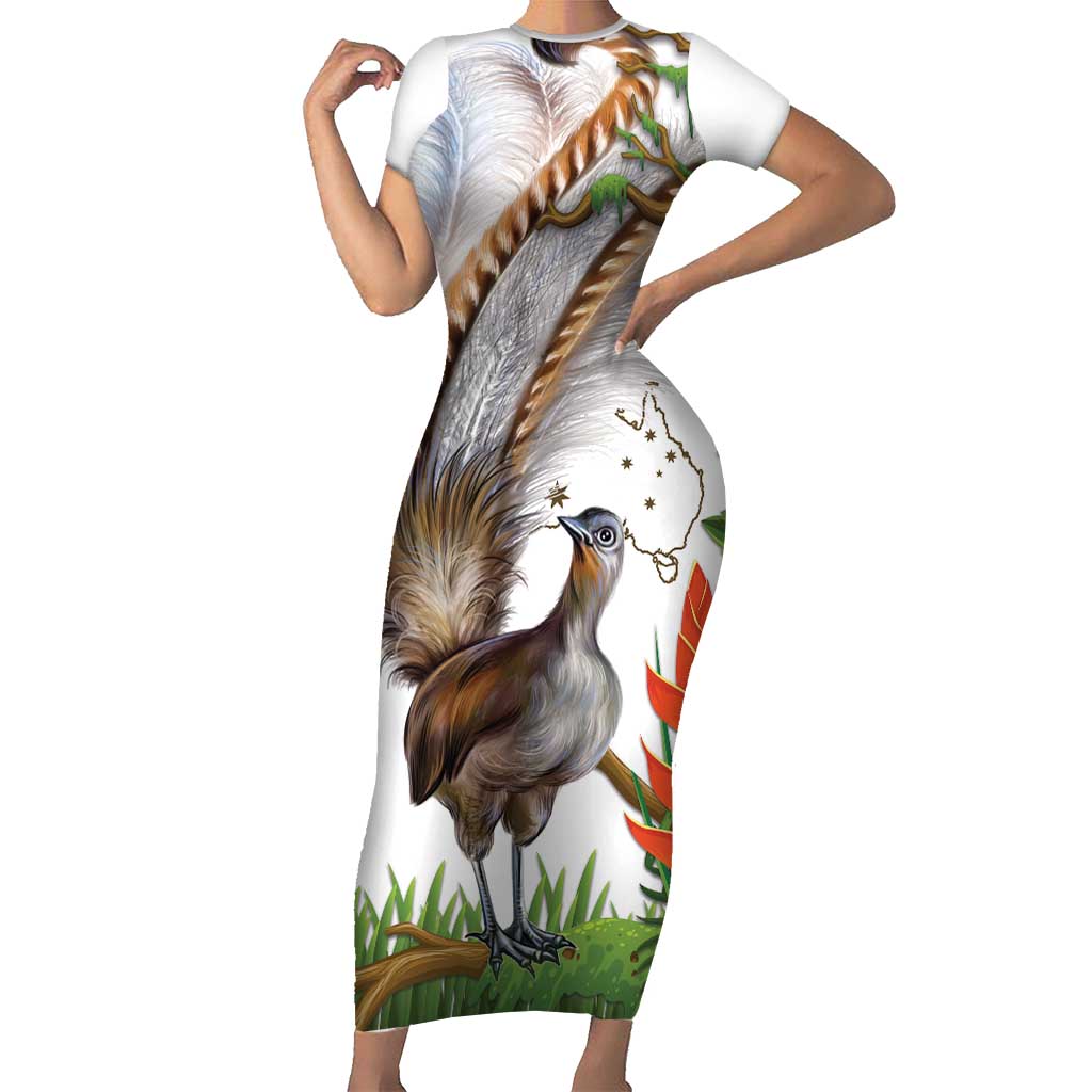 Australia Superb Lyrebird Short Sleeve Bodycon Dress Aussie Map - Rainforest Vibes