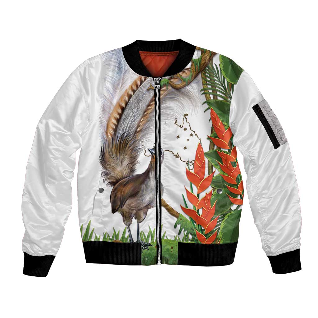 Australia Superb Lyrebird Sleeve Zip Bomber Jacket Aussie Map - Rainforest Vibes