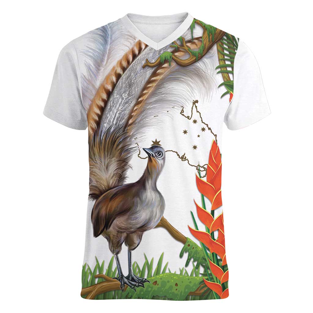 Australia Superb Lyrebird Women V-Neck T-Shirt Aussie Map - Rainforest Vibes