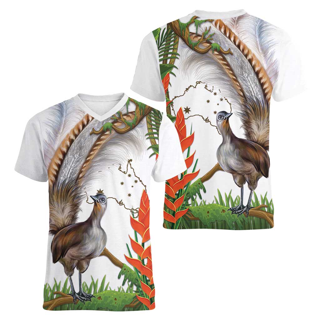 Australia Superb Lyrebird Women V-Neck T-Shirt Aussie Map - Rainforest Vibes