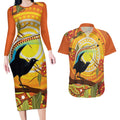Australia Superb Lyrebird Couples Matching Long Sleeve Bodycon Dress and Hawaiian Shirt Aboriginal Art