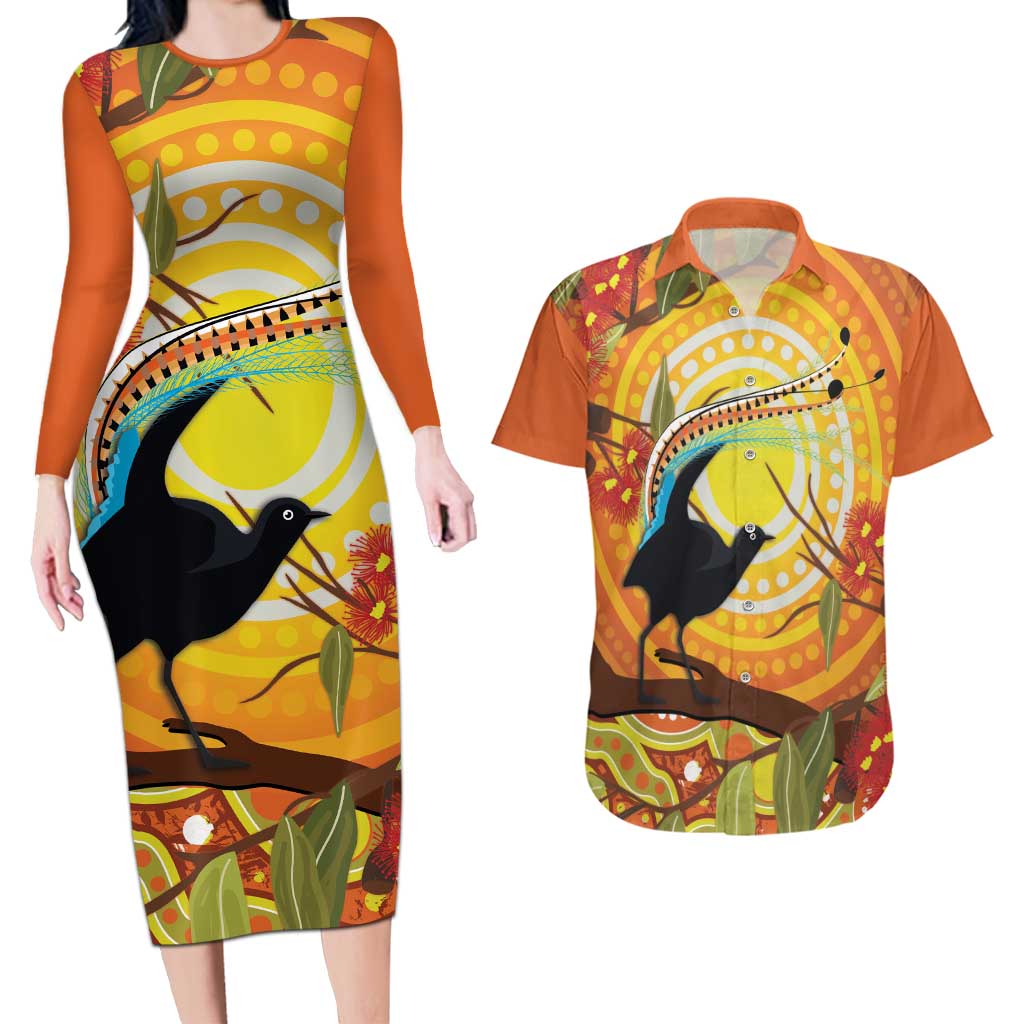 Australia Superb Lyrebird Couples Matching Long Sleeve Bodycon Dress and Hawaiian Shirt Aboriginal Art