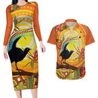 Australia Superb Lyrebird Couples Matching Long Sleeve Bodycon Dress and Hawaiian Shirt Aboriginal Art