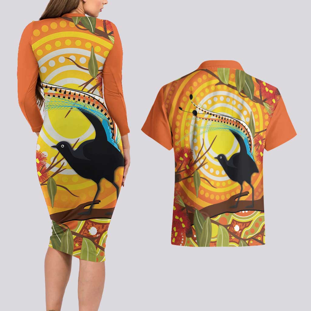 Australia Superb Lyrebird Couples Matching Long Sleeve Bodycon Dress and Hawaiian Shirt Aboriginal Art