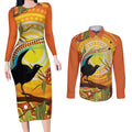 Australia Superb Lyrebird Couples Matching Long Sleeve Bodycon Dress and Long Sleeve Button Shirt Aboriginal Art