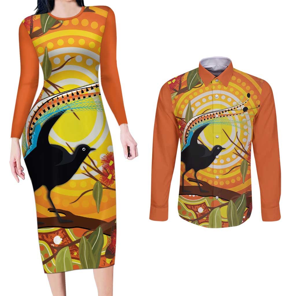 Australia Superb Lyrebird Couples Matching Long Sleeve Bodycon Dress and Long Sleeve Button Shirt Aboriginal Art