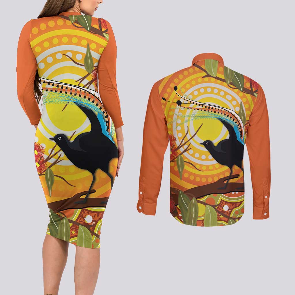 Australia Superb Lyrebird Couples Matching Long Sleeve Bodycon Dress and Long Sleeve Button Shirt Aboriginal Art