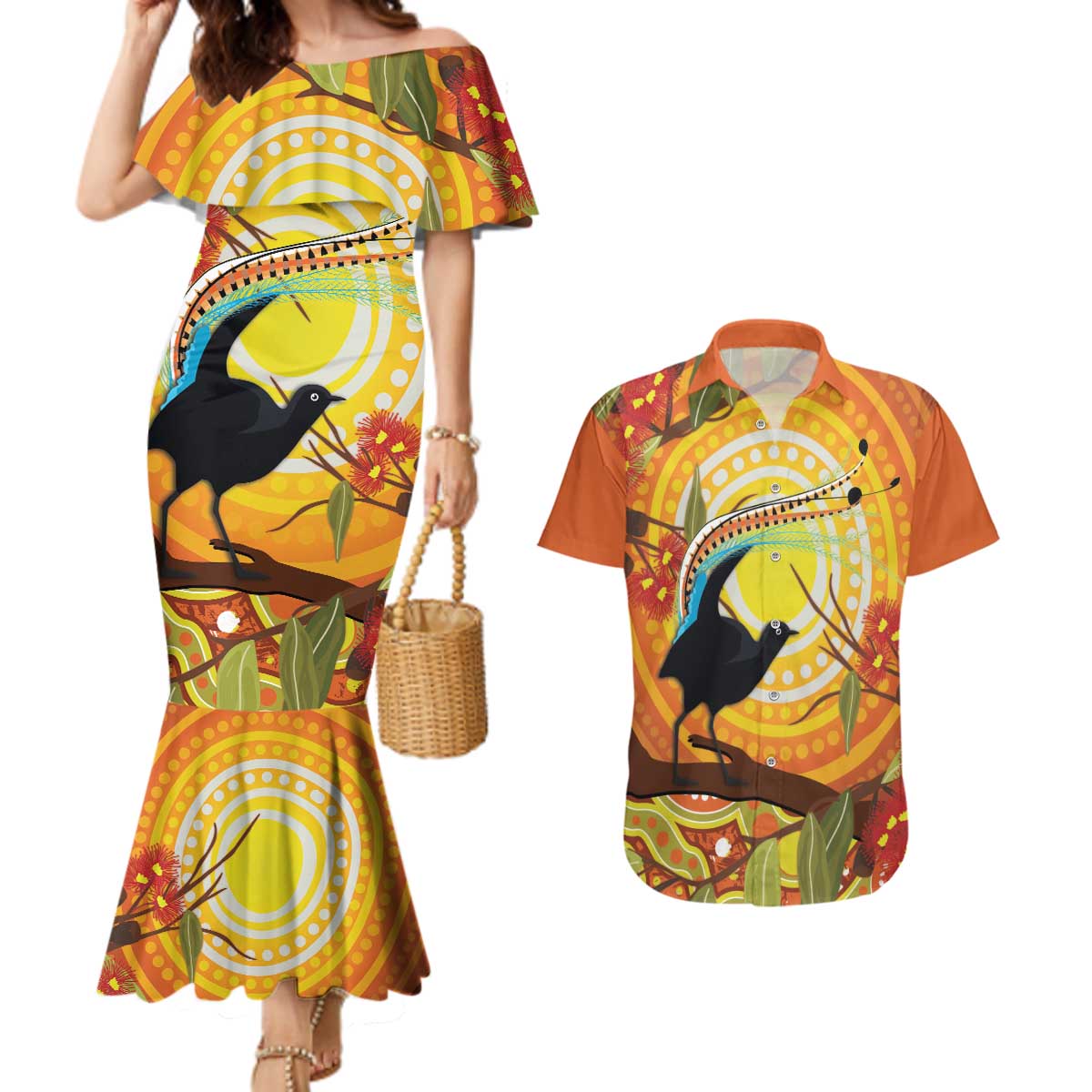 Australia Superb Lyrebird Couples Matching Mermaid Dress and Hawaiian Shirt Aboriginal Art