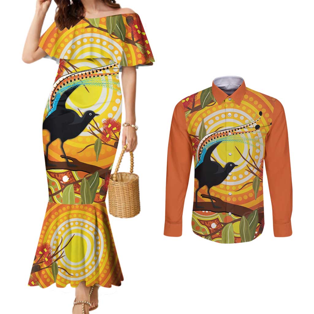 Australia Superb Lyrebird Couples Matching Mermaid Dress and Long Sleeve Button Shirt Aboriginal Art