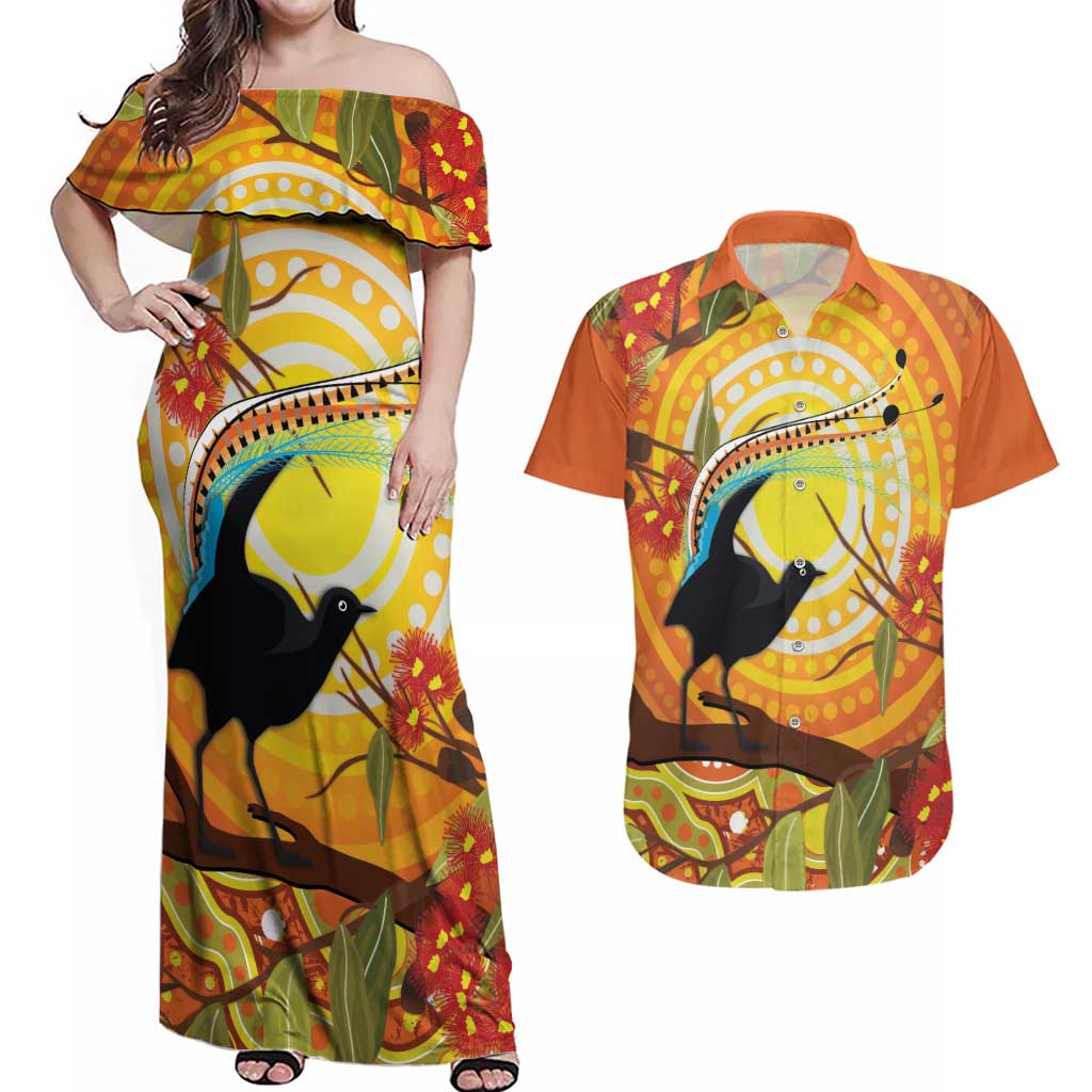 Australia Superb Lyrebird Couples Matching Off Shoulder Maxi Dress and Hawaiian Shirt Aboriginal Art