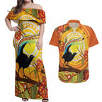 Australia Superb Lyrebird Couples Matching Off Shoulder Maxi Dress and Hawaiian Shirt Aboriginal Art
