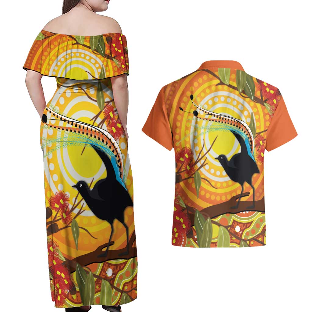 Australia Superb Lyrebird Couples Matching Off Shoulder Maxi Dress and Hawaiian Shirt Aboriginal Art