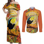 Australia Superb Lyrebird Couples Matching Off Shoulder Maxi Dress and Long Sleeve Button Shirt Aboriginal Art
