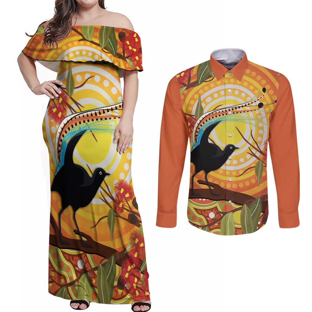 Australia Superb Lyrebird Couples Matching Off Shoulder Maxi Dress and Long Sleeve Button Shirt Aboriginal Art