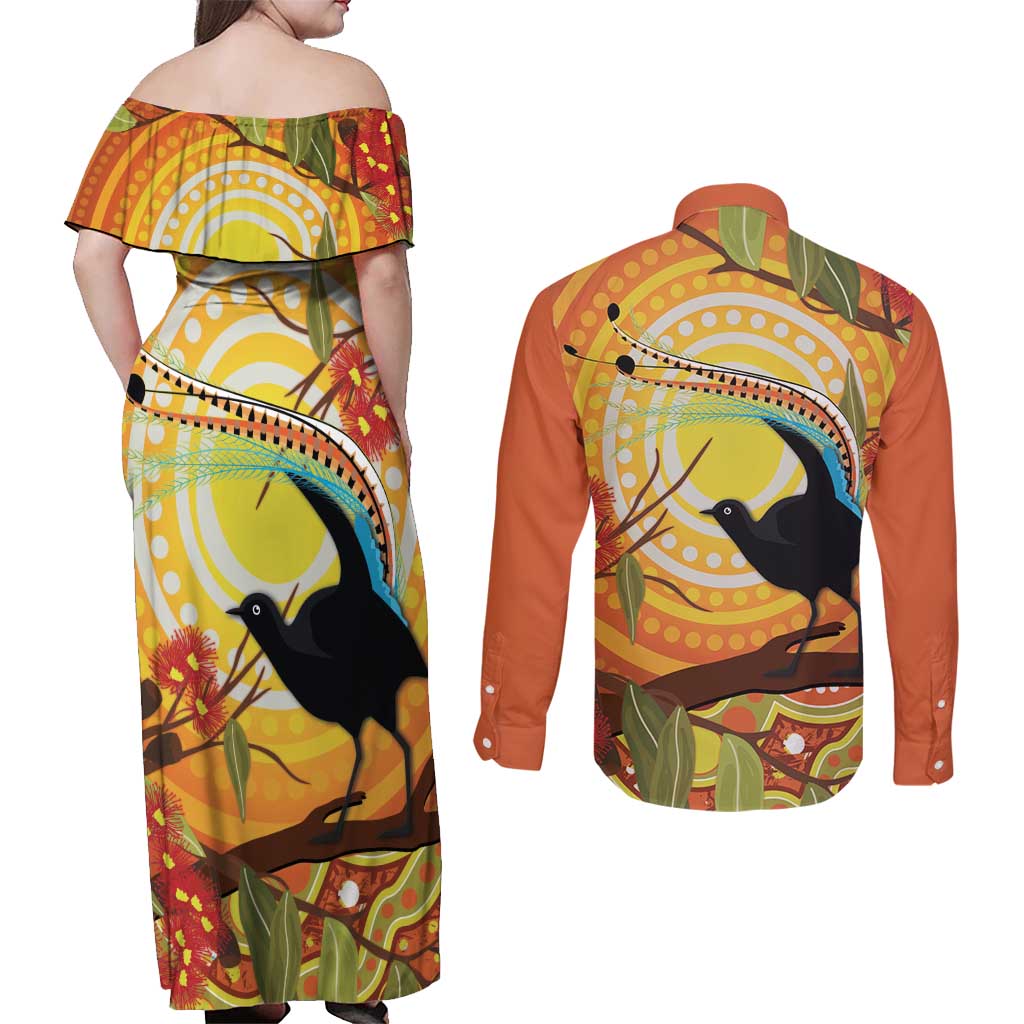 Australia Superb Lyrebird Couples Matching Off Shoulder Maxi Dress and Long Sleeve Button Shirt Aboriginal Art