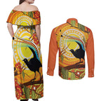 Australia Superb Lyrebird Couples Matching Off Shoulder Maxi Dress and Long Sleeve Button Shirt Aboriginal Art