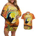 Australia Superb Lyrebird Couples Matching Off Shoulder Short Dress and Hawaiian Shirt Aboriginal Art
