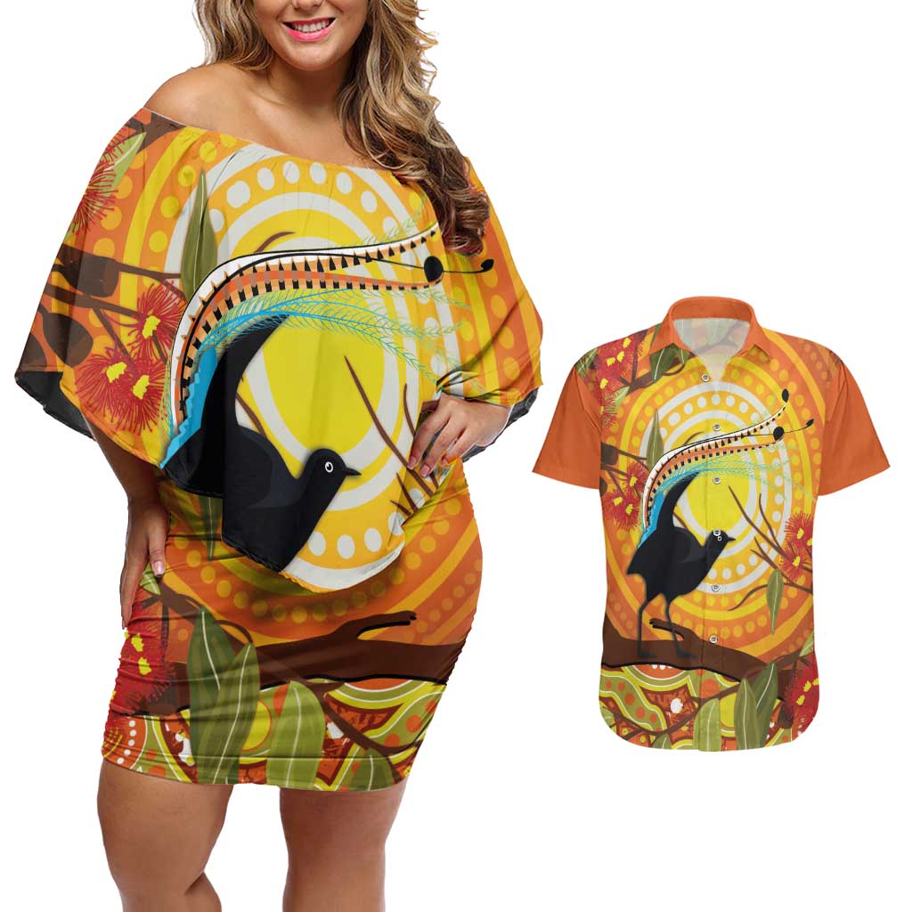 Australia Superb Lyrebird Couples Matching Off Shoulder Short Dress and Hawaiian Shirt Aboriginal Art