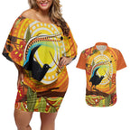 Australia Superb Lyrebird Couples Matching Off Shoulder Short Dress and Hawaiian Shirt Aboriginal Art