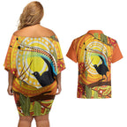 Australia Superb Lyrebird Couples Matching Off Shoulder Short Dress and Hawaiian Shirt Aboriginal Art
