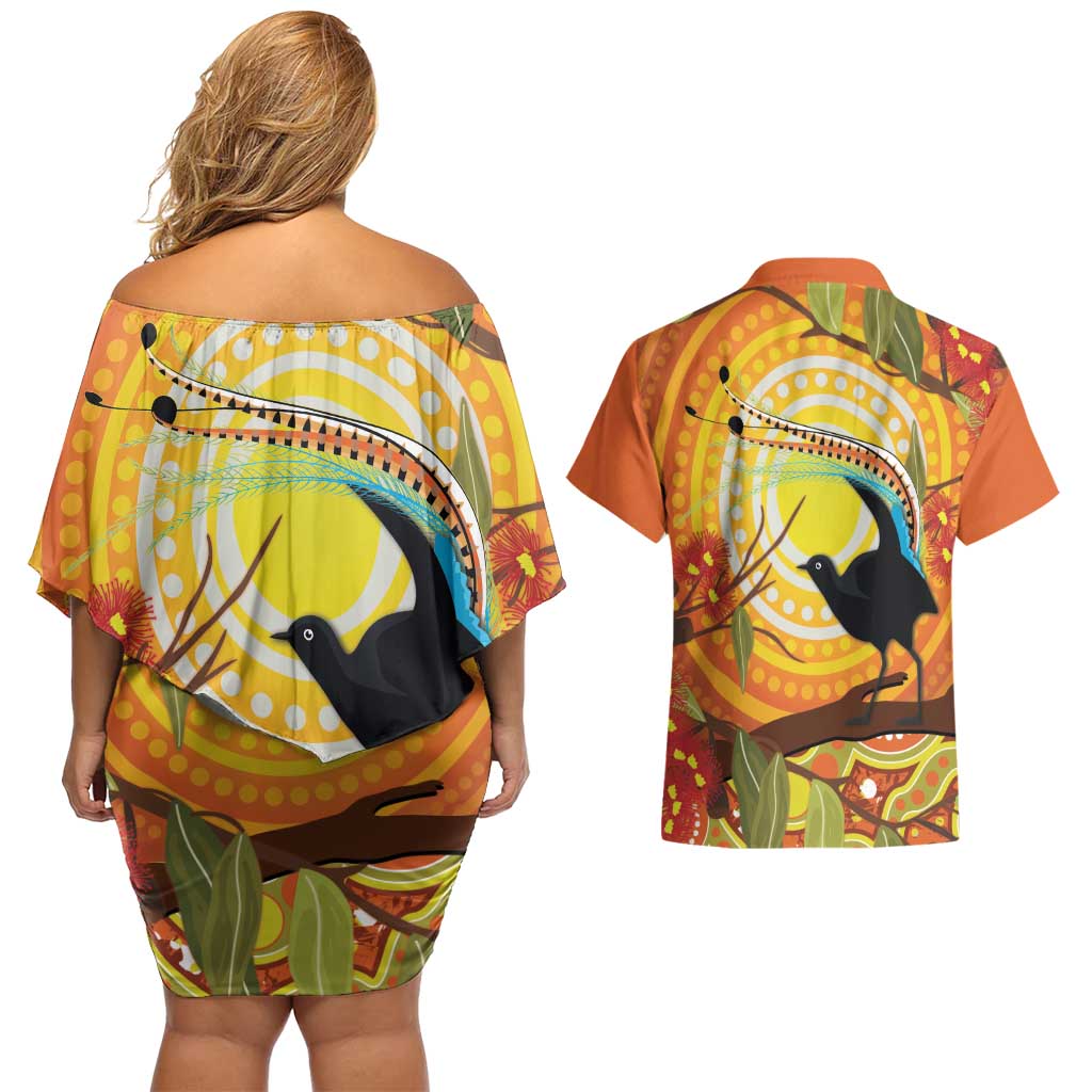 Australia Superb Lyrebird Couples Matching Off Shoulder Short Dress and Hawaiian Shirt Aboriginal Art