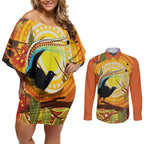 Australia Superb Lyrebird Couples Matching Off Shoulder Short Dress and Long Sleeve Button Shirt Aboriginal Art