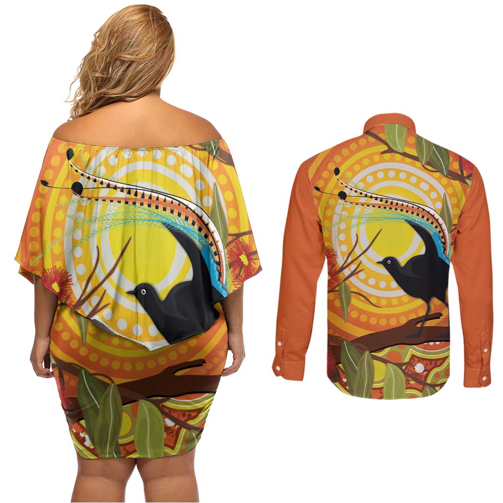 Australia Superb Lyrebird Couples Matching Off Shoulder Short Dress and Long Sleeve Button Shirt Aboriginal Art