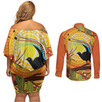 Australia Superb Lyrebird Couples Matching Off Shoulder Short Dress and Long Sleeve Button Shirt Aboriginal Art