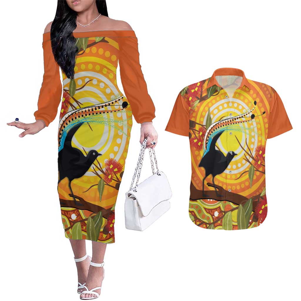 Australia Superb Lyrebird Couples Matching Off The Shoulder Long Sleeve Dress and Hawaiian Shirt Aboriginal Art
