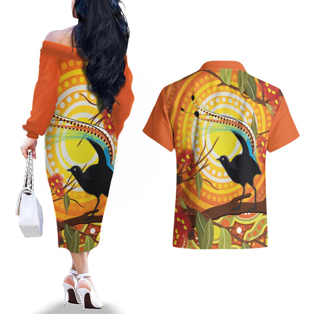 Australia Superb Lyrebird Couples Matching Off The Shoulder Long Sleeve Dress and Hawaiian Shirt Aboriginal Art