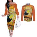 Australia Superb Lyrebird Couples Matching Off The Shoulder Long Sleeve Dress and Long Sleeve Button Shirt Aboriginal Art