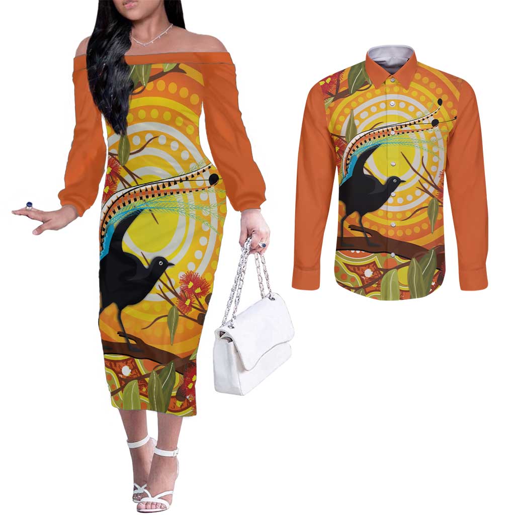 Australia Superb Lyrebird Couples Matching Off The Shoulder Long Sleeve Dress and Long Sleeve Button Shirt Aboriginal Art