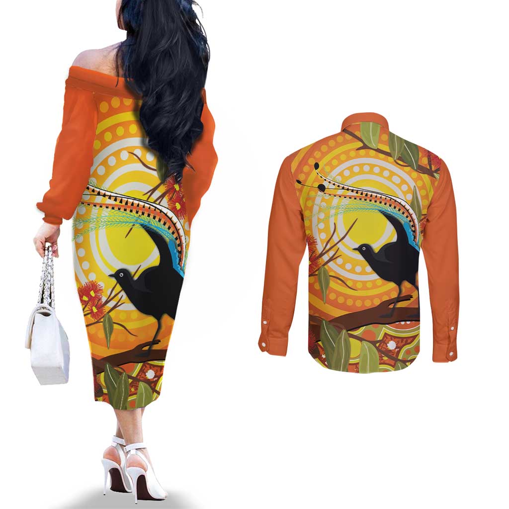 Australia Superb Lyrebird Couples Matching Off The Shoulder Long Sleeve Dress and Long Sleeve Button Shirt Aboriginal Art