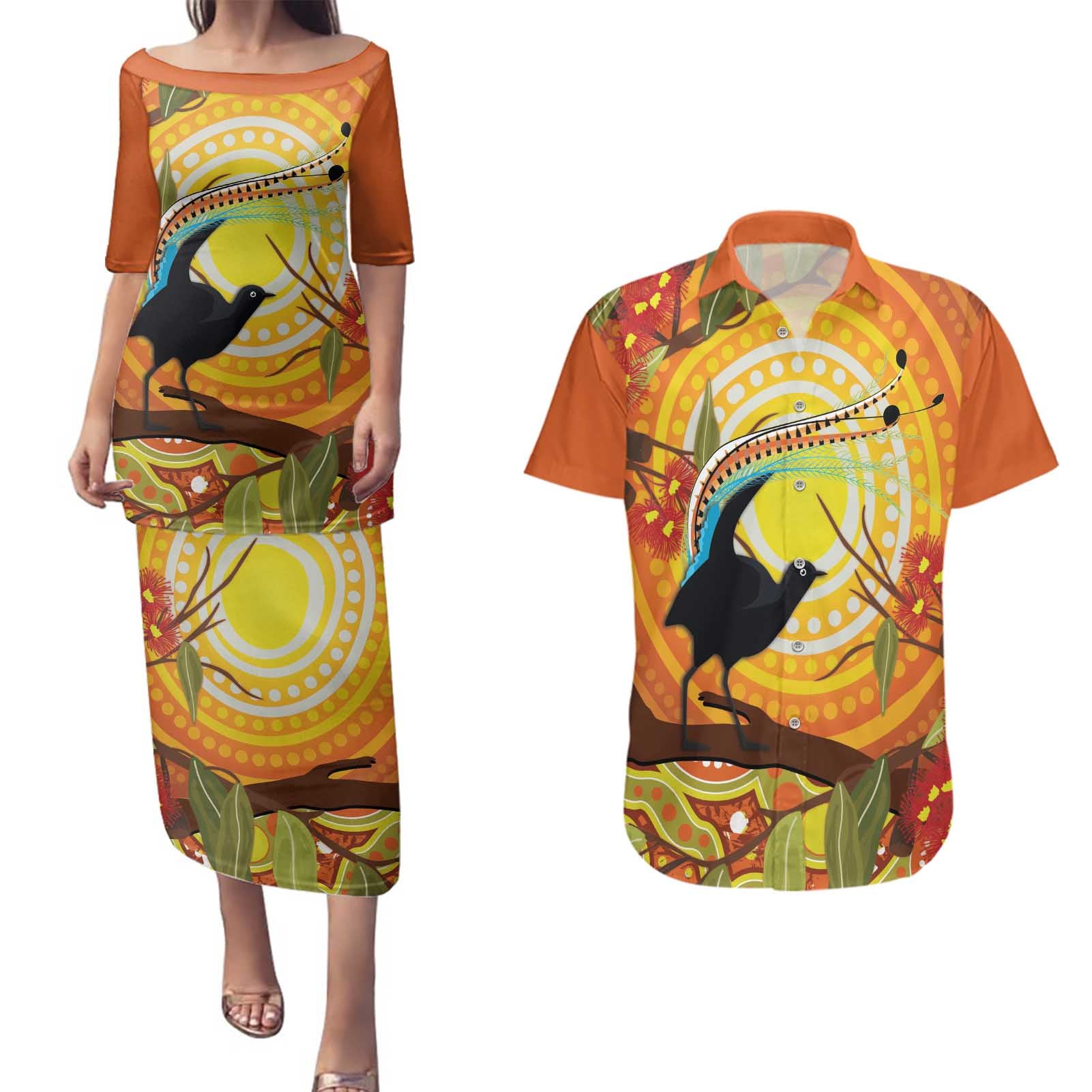 Australia Superb Lyrebird Couples Matching Puletasi and Hawaiian Shirt Aboriginal Art