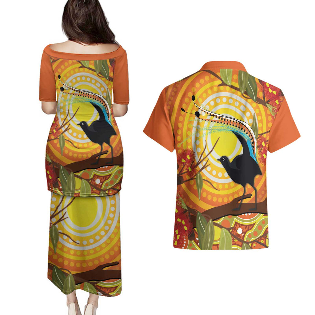 Australia Superb Lyrebird Couples Matching Puletasi and Hawaiian Shirt Aboriginal Art