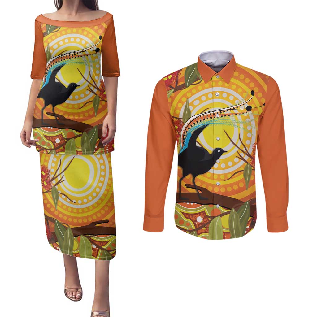 Australia Superb Lyrebird Couples Matching Puletasi and Long Sleeve Button Shirt Aboriginal Art