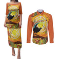 Australia Superb Lyrebird Couples Matching Puletasi and Long Sleeve Button Shirt Aboriginal Art
