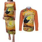 Australia Superb Lyrebird Couples Matching Puletasi and Long Sleeve Button Shirt Aboriginal Art