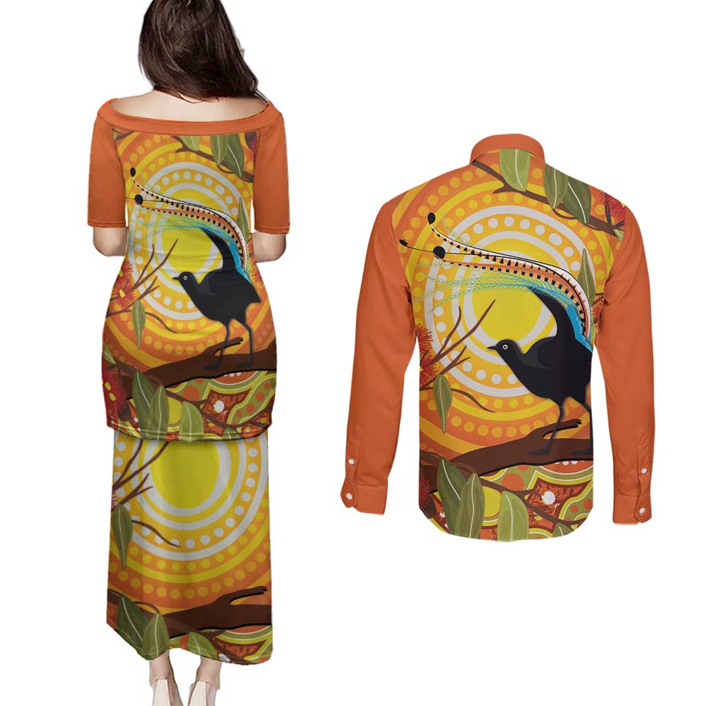 Australia Superb Lyrebird Couples Matching Puletasi and Long Sleeve Button Shirt Aboriginal Art